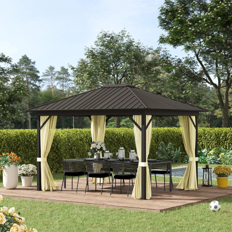 Outsunny 10' x 12' Outdoor Hardtop Gazebo Metal Roof Patio Gazebo with Aluminum Frame, Mesh Nettings, Curtains and Roomy Interior Space, Beige