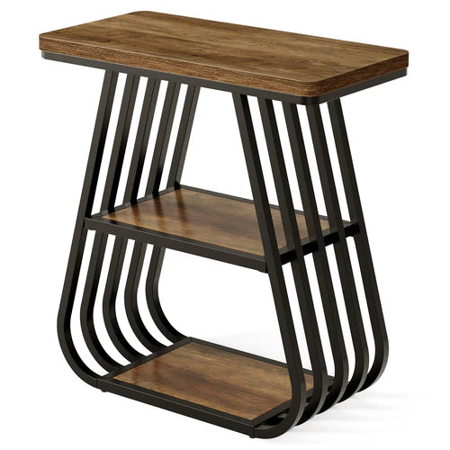 End Table 23.62" 3-Tier Narrow Side Table with Storage Shelves Industrial Metal Frame Oak Finish for Small Spaces Living Room Bedroom