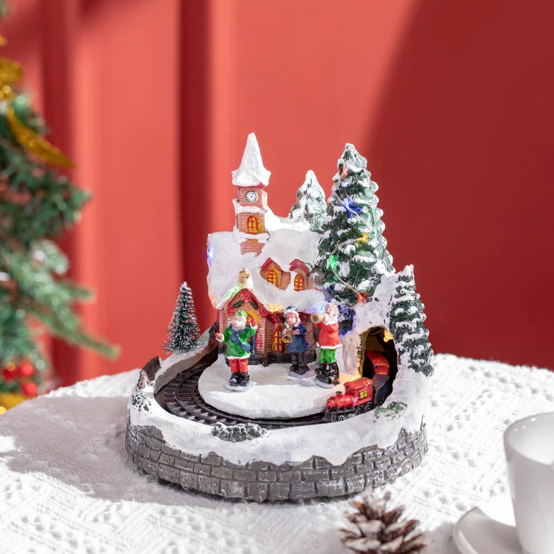 HOMCOM Desktop Christmas Decoration, Christmas Village Houses with Rotating Train, Battery Operated, Multicolored 
