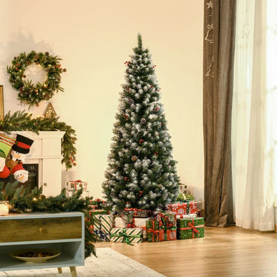 HOMCOM 6ft Decorated Flocked Artificial Christmas Tree – Red Berries, Pine Cones, Pencil Shape, Green 