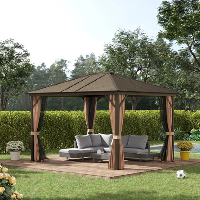 Outsunny 10' x 12' Hardtop Gazebo Steel Covered Gazebo Aluminum Frame Heavy Duty Outdoor Pavilion with Curtains and Netting, Brown 