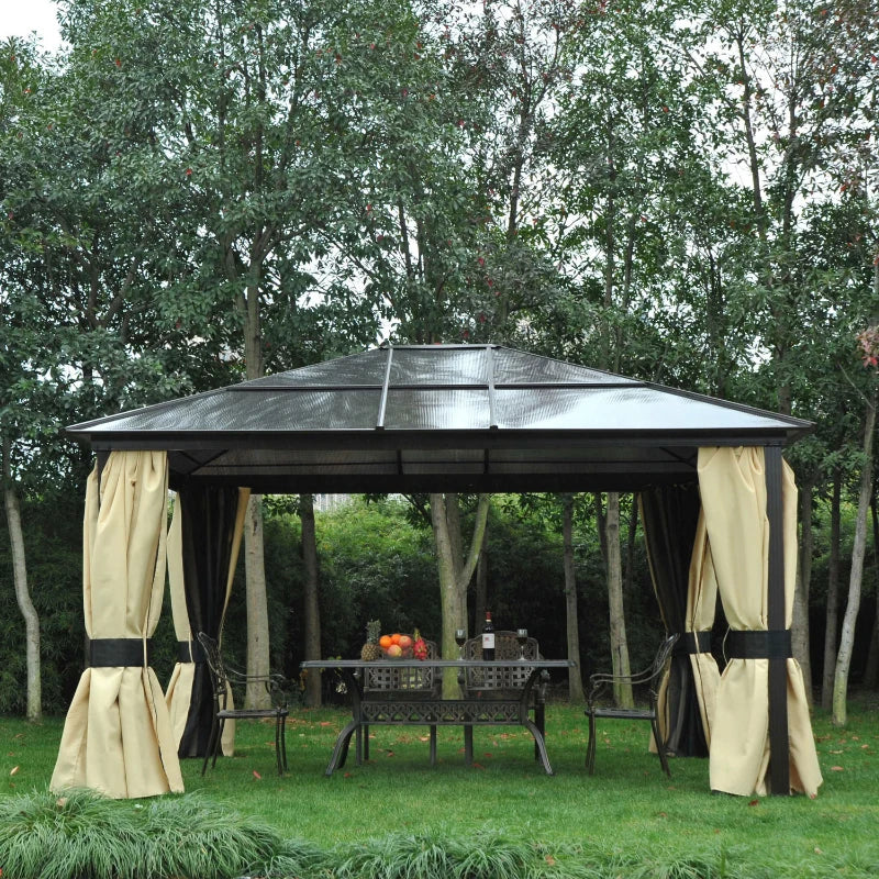 Outsunny 12' x 14' Deluxe Hard Top Patio Gazebo Canopy Garden Aluminum Shelter with Curtains and Mosquito Netting