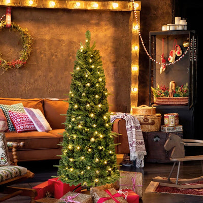 HOMCOM 7FT Prelit Pop Up Artificial Christmas Tree, Collapsible Green Xmas Tree with Warm White LED Lights and Metal Stand 