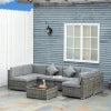 Outsunny 7pc Garden Wicker Sectional Set w/ Tea Table Patio Rattan Lounge Sofa Outdoor Deck Furniture Light Grey