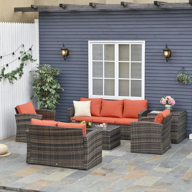 Outsunny 6 Piece Outdoor Rattan Wicker Sofa Set Sectional Patio Conversation Furniture Set w/ Storage Table & Cushion Orange