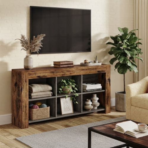 Console Table 63" Narrow Sofa Table Entryway Table with 6 Storage Cubes and Display Shelves Rustic Brown