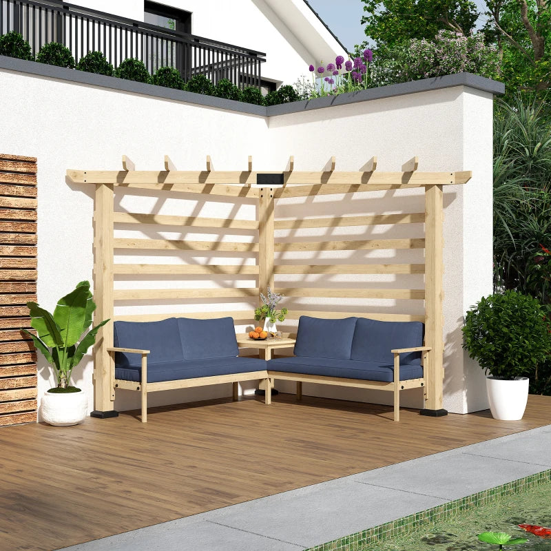 Outsunny 9' x 9' Corner Pergola with Conversation Set and Cushions, Fir Wood Outdoor Pergola with End Table, Natural and Blue 