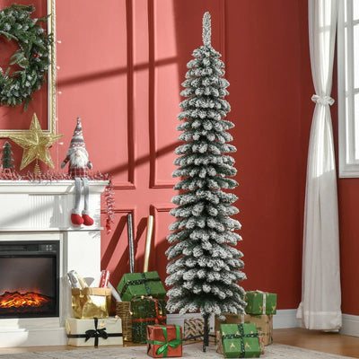 HOMCOM 7ft Snow-Flocked Artificial Christmas Tree – Slim Pencil Design, 490 Realistic Branches, Metal Base, Green 