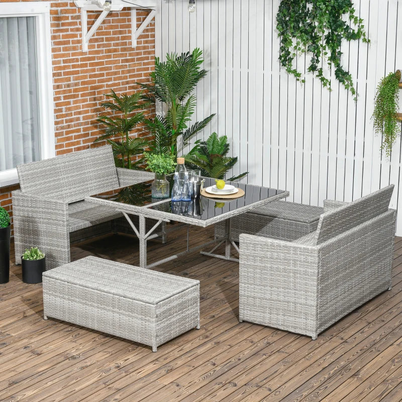 Outsunny 5 Pieces Wicker Patio Dining Set, Conversational Rattan Loveseat Sofa, Ottoman and Dining Table, 6-seater Outdoor Furniture Set with Glass Tabletop and Cushions, Gray