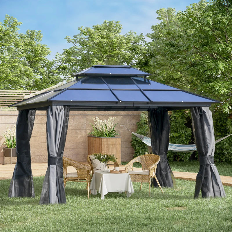 Outsunny 10'x12' Hardtop Patio Gazebo Aluminum Gazebo Canopy with Double Tier Roof, Curtains, Netting Sidewalls, Black & Grey