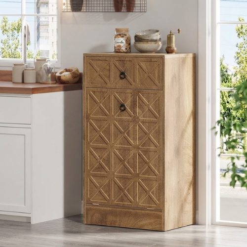 13 Gallons Tilt-Out Trash Can Cabinet with Drawer Wooden Hidden Garbage Bin Organizer for Kitchen Laundry Room Brown