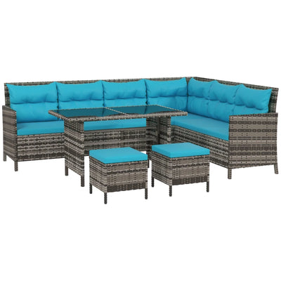 Outsunny 6pcs Outdoor Rattan Sofa Set Garden Wicker Sectional Couch Furniture Set with Dining Table and Chair Sky Blue 