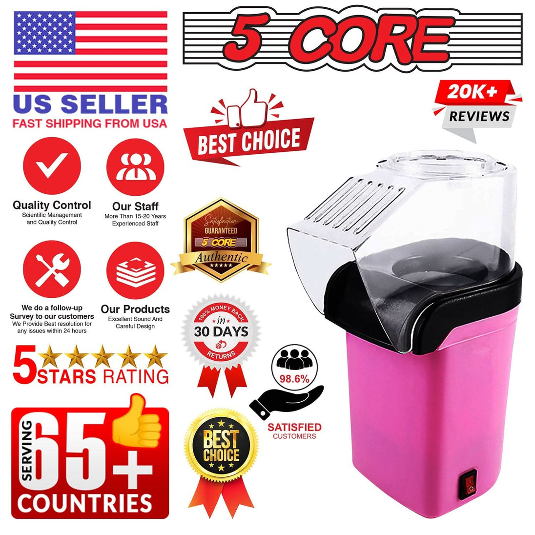 5Core Popcorn Machine 16 Cup Hot Air Popper Mini Portable Electric Pop Corn Maker PINK