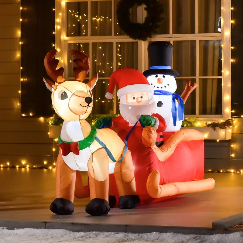 HOMCOM 6.5FT Inflatable Christmas Santa & Snowman on Sleigh with Reindeer, LED Lighted Blow Up Holiday Yard Decoration 