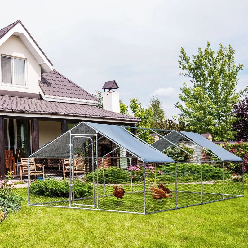 PawHut Chicken Run Walk-In Metal Chicken Coop, 3 Rooms Galvanized Poultry Cage Outdoor with Waterproof UV-Protection Cover for Rabbits, Ducks, 9.8' x 26.2'