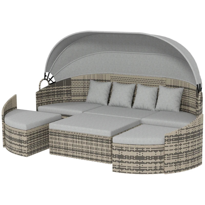 Outsunny 4 Pieces Patio PE Wicker Round Daybed, Outdoor Rattan Garden Lounge Furniture Sets, Light Grey 