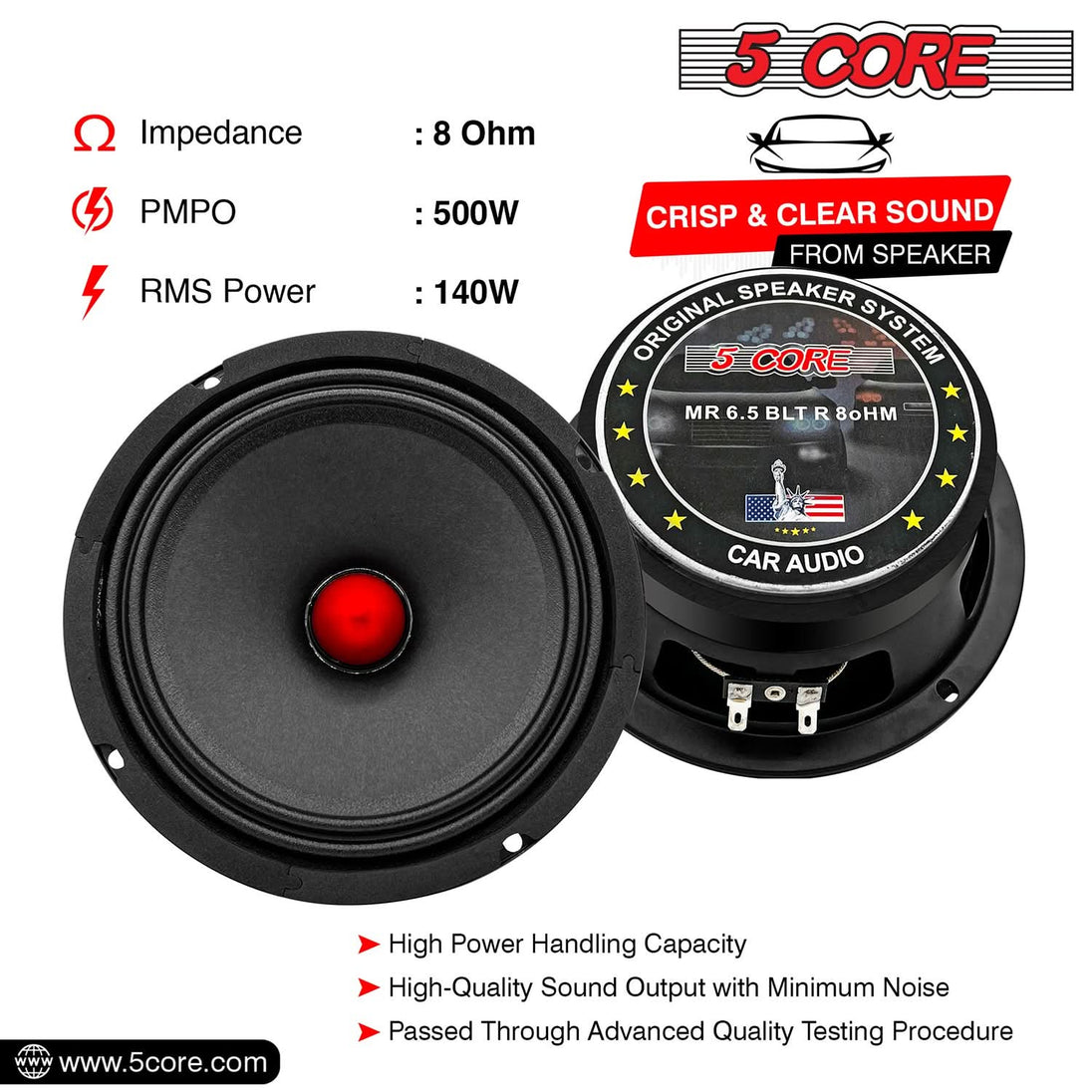 5Core 6.5 Inch Midrange Door Speaker 360W PMPO Subwoofer w Aluminum Bullet 8Ω Sub Woofer