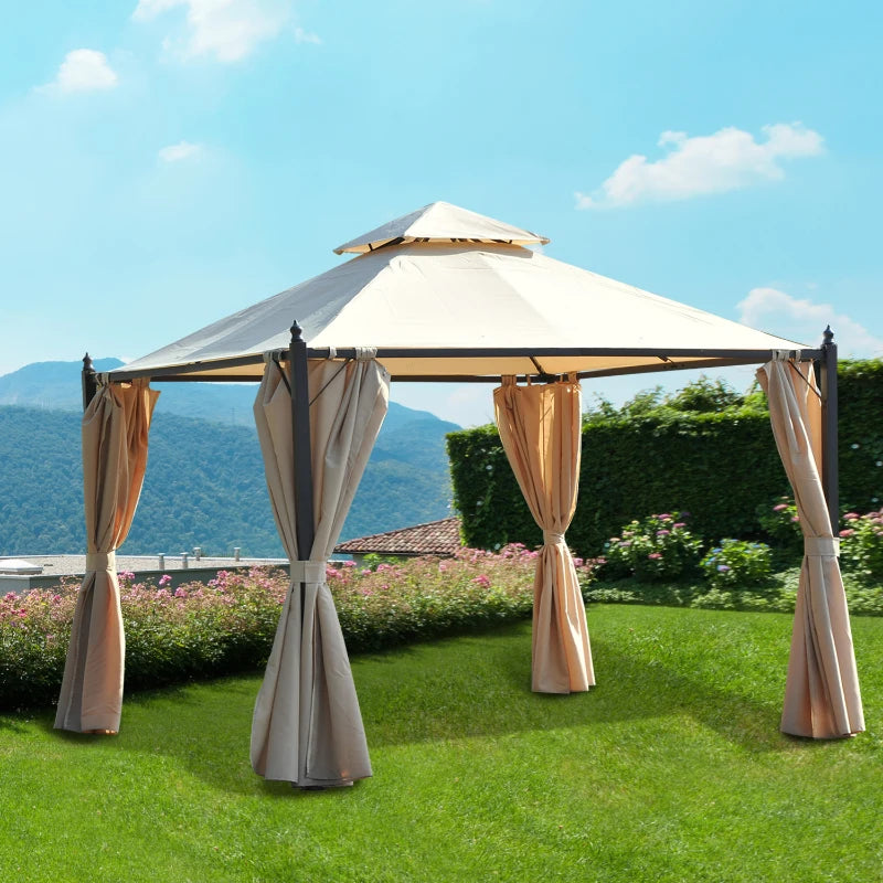 Outsunny 10x10ft Patio Gazebo Canopy Double-tire Garden Shelter Outdoor Sun Shade with Curtains, Beige 