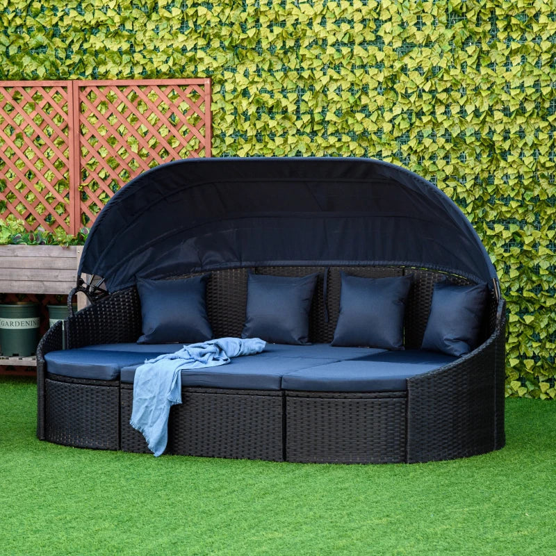 Outsunny 4 Pieces Patio PE Wicker Round Daybed, Outdoor Rattan Garden Lounge Furniture Sets, Dark Blue 