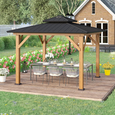 Outsunny 11' x 11' Wood Frame Hardtop Gazebo Galvanized Steel Canopy Outdoor Shelter with Double Vented Roof for Garden, Lawn, Poolside, Black 