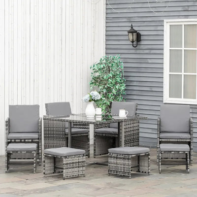 Outsunny 9 Piece Patio Wicker Dining Set Rattan Garden Sectional Sofa Outdoor Space-Saving Armchair & Ottoman Furniture Sets w/ Cushion, Grey 