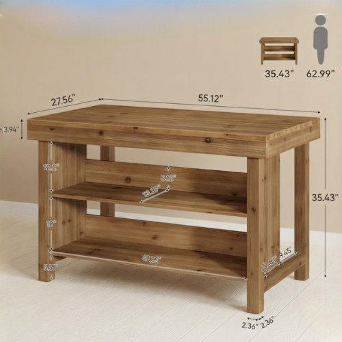 Bar Table 55" Farmhouse 3-Tier Solid Wood Bar Unit with Open Storage Shelves Brown