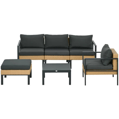 Outsunny 6 Pieces Patio Furniture Set with Sofa, Armchair, Stool, Table, Cushions, Outdoor Wicker Conversation Sofa Set 