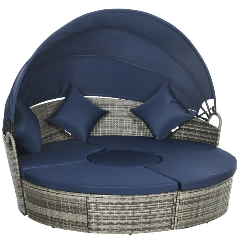 Outsunny 4 Pieces Outdoor Daybed with Retractable Canopy, PE Rattan Wicker Round Sofa Day Bed, Patio Sectional Conversation Furniture Set with Cushions and Pillows, Dark Blue 