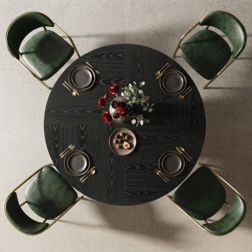 47" Round Dining Table, Wood Kitchen Table with Sturdy Fluted Metal Base, Modern Black Dining Table for 6 People
