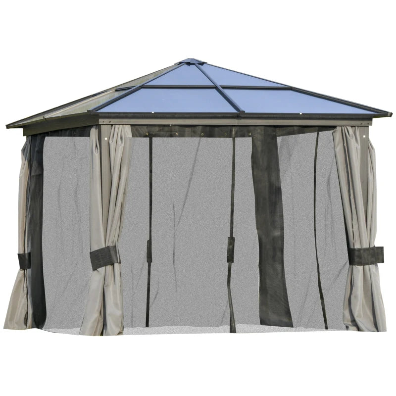 Outsunny 10x10ft Hardtop Gazebo with Aluminum Frame, Polycarbonate Gazebo Canopy with Curtains and Netting