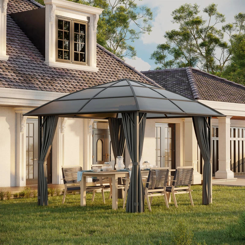 Outsunny 10' x 10' Outdoor Gazebo Canopy, Hardtop Gazebo with UV60+ Polycarbonate Roof, Steel Frame, Central Hook, and Curtains, for Garden, Lawn, Backyard, Deck, Dark Grey