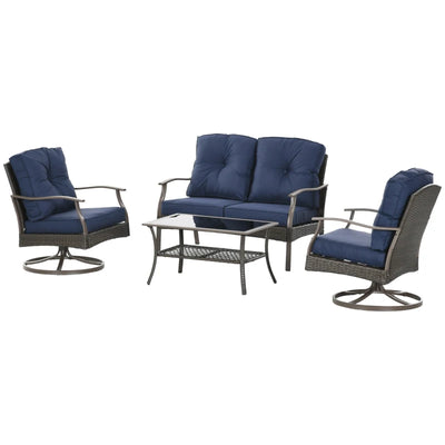 Outsunny 4 PCS Patio PE Rattan Wicker Sofa Set Outdoor Conversation Furniture w/ Two Tier Tea Table & Cushions, Navy Blue 