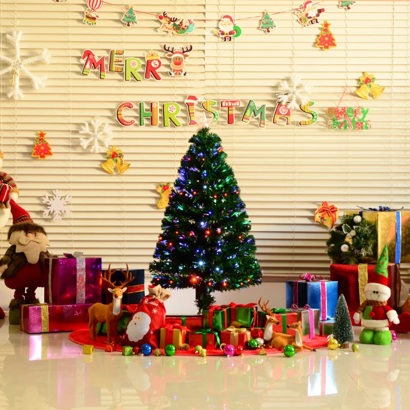 HOMCOM 4FT Pre-Lit Artificial Spruce Christmas Tree with Fiber Optic Lights, Hinged Full Holiday Tree 