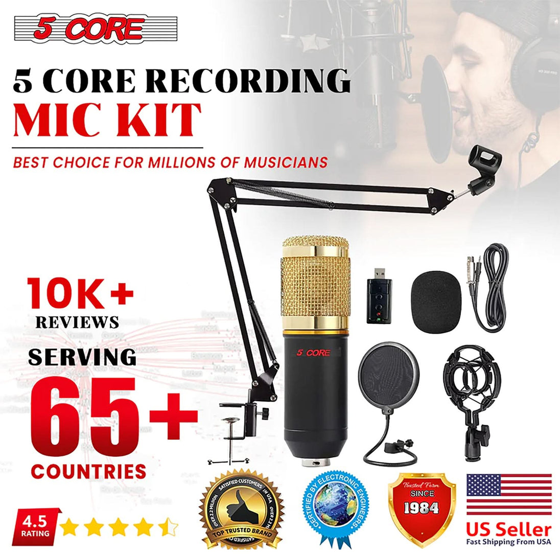 5Core Recording Microphone Podcast Bundle Professional Condenser Cardioid Mic Kit w Boom Arm REC SET