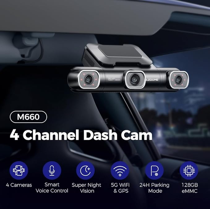 AZDOME M660 4 Channel 360° Dash Cam with 128GB eMMC, 2.5K+1K+1K+1K Dashcam 