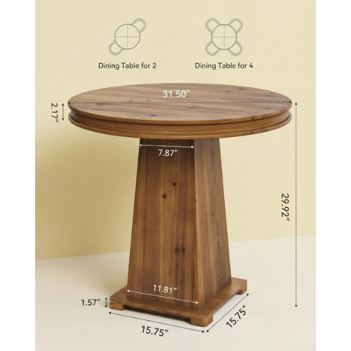31.5" Solid Wood Round Dining Table for 2-4, Small Kitchen Table with Thick Top and Sturdy Base Natural Wood