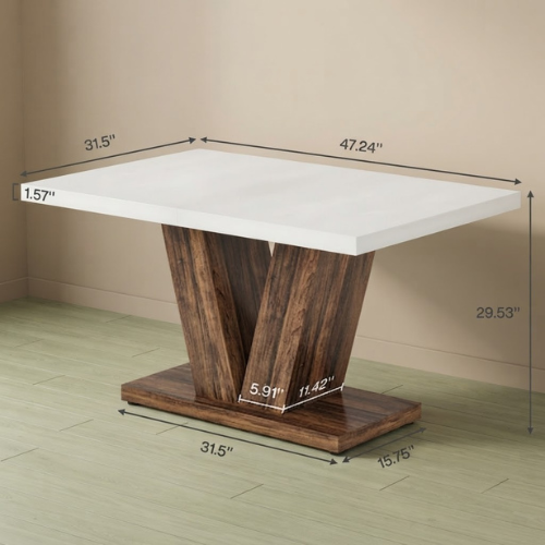 47" Farmhouse Dining Table, White & Oak Wooden Kitchen Table with Pedestal Base, 4–6 Seater