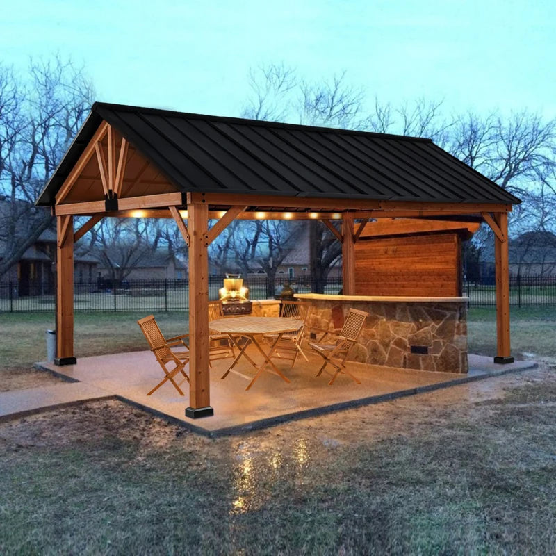 Outsunny 11' x 13' Wooden Gazebo Canopy Outdoor Sun Shade Shelter w/ Steel Roof, Solid Wood, Black & Natural