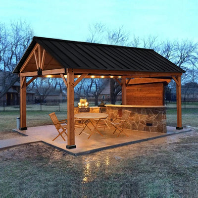 Outsunny 11' x 13' Wooden Gazebo Canopy Outdoor Sun Shade Shelter w/ Steel Roof, Solid Wood, Black & Natural 