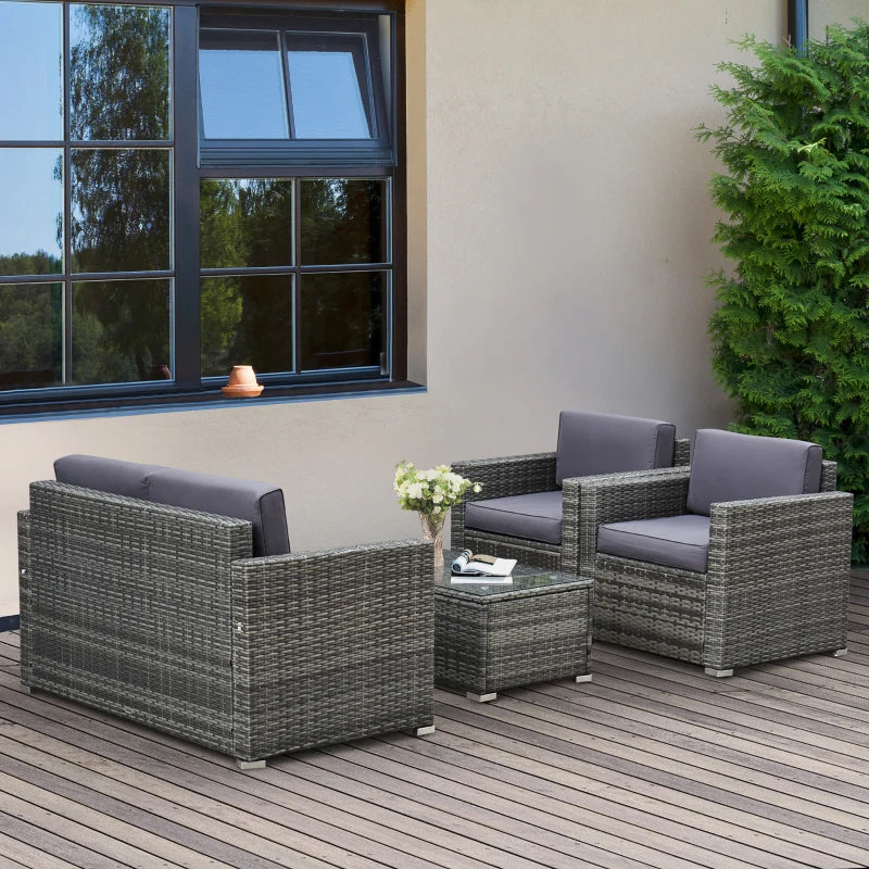 Outsunny 4 Pieces Patio Furniture Set, Rattan Wicker Sofa Deluxe Outdoor Coffee Sectional Set Garden Patio Furniture Sets with Cushions for Porch Garden Poolside Balcony, Grey