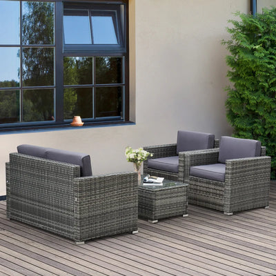 Outsunny 4 Pieces Patio Furniture Set, Rattan Wicker Sofa Deluxe Outdoor Coffee Sectional Set Garden Patio Furniture Sets with Cushions for Porch Garden Poolside Balcony, Grey 
