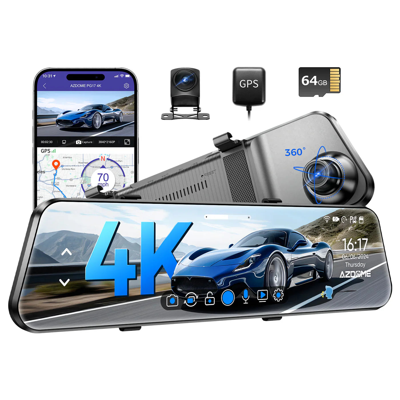 AZDOME PG17 Front and Rear 4K Mirror Dash Cam 