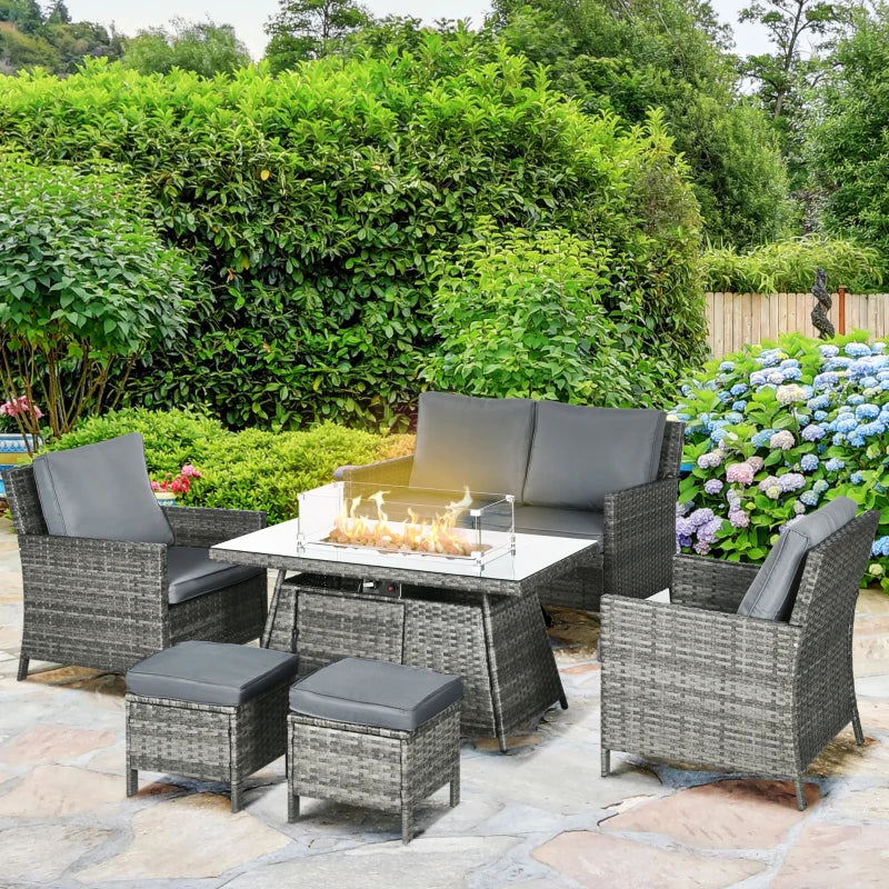 Outsunny 6 Piece Patio Furniture Set with 50,000 BTU Gas Fire Pit Table, Outdoor PE Rattan Dining Table and Chair Set, Sectional Conversation Sofa Set with Cushions, Grey