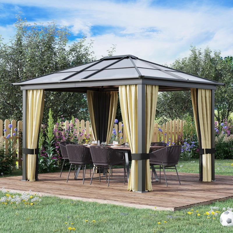 Outsunny 10' x 12' Hard Top Gazebo Canopy Sunshelter Waterproof Sun Shade with Sidewalls and Mosquito Netting 