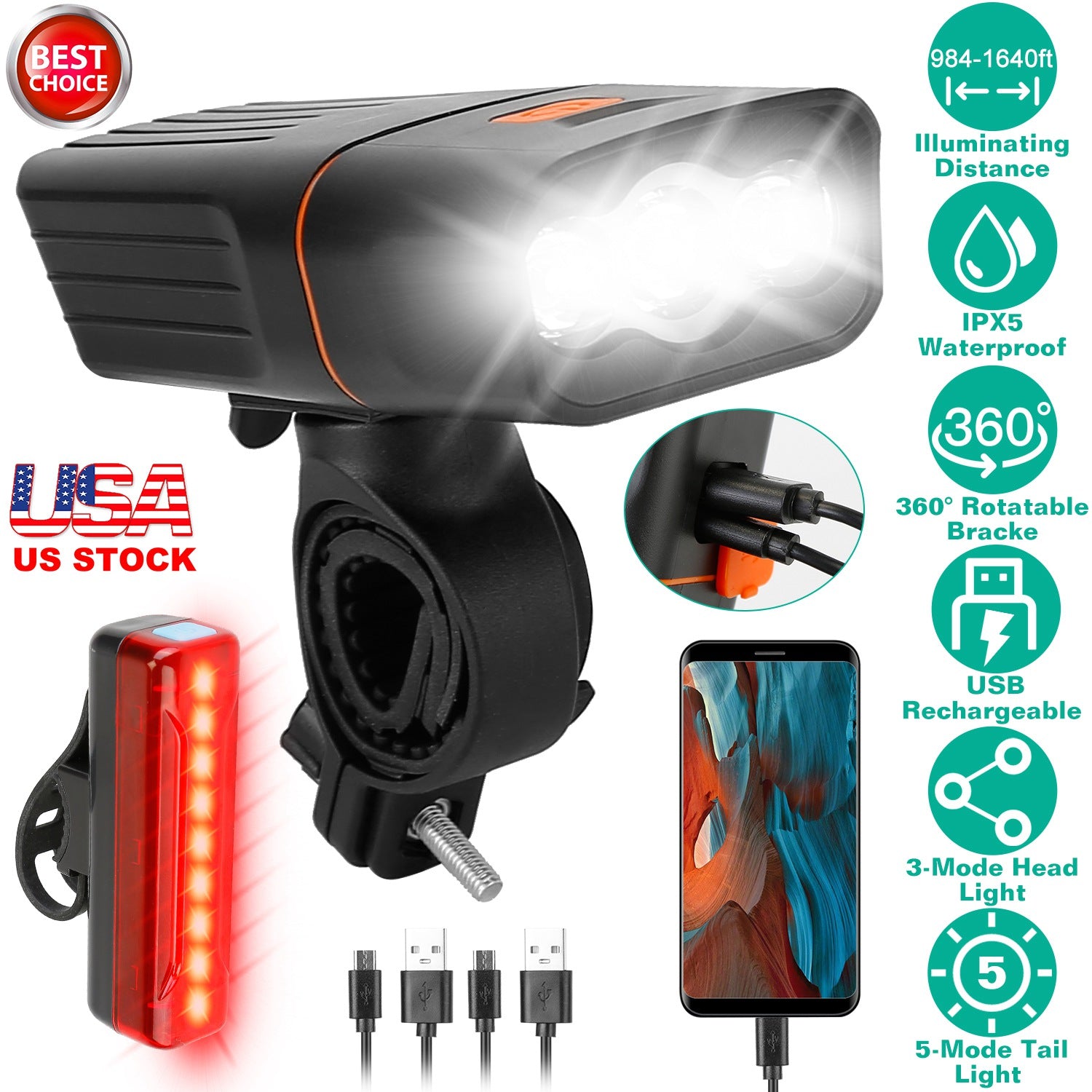 Super Bright Bike Light Set USB Rechargeable Headlight Taillight Set Waterproof LED Bicycle Front and Rear Lights for Night Riding Cycling