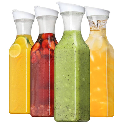 4 Pack 50Oz Water Carafes with Flip Top Lids Square Juice Containers for Fridge Plastic Clear Pitchers for Water Iced Tea Juice Lemonade Milk Cold Bre 