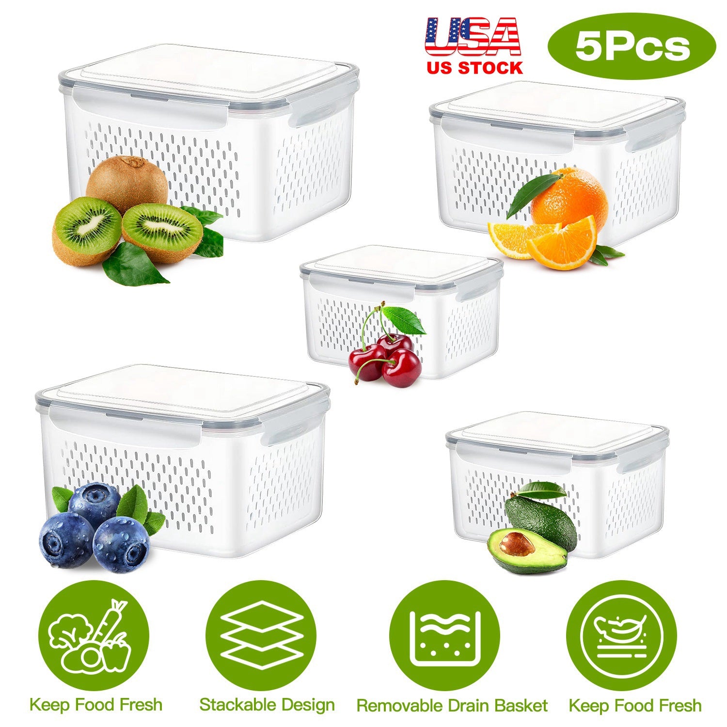 5Pcs Fruit Vegetable Containers with Removable Drain Basket Leakproof Lid Stackable Food Storage Organizer for Fridge Dishwasher Safe 