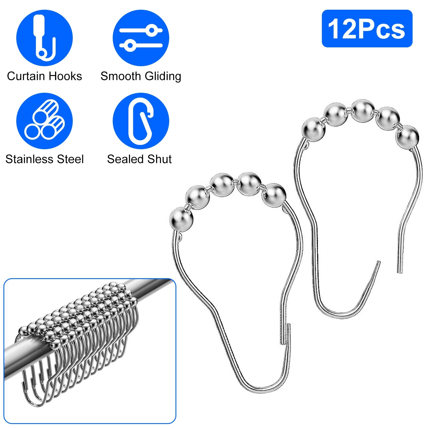 12 Sets of Shower Curtain Hooks Rustproof Stainless Steel Hooks for Shower Rods Smoothly Glide Hooks for Bathroom Bathtubs Closets Window Curtain 