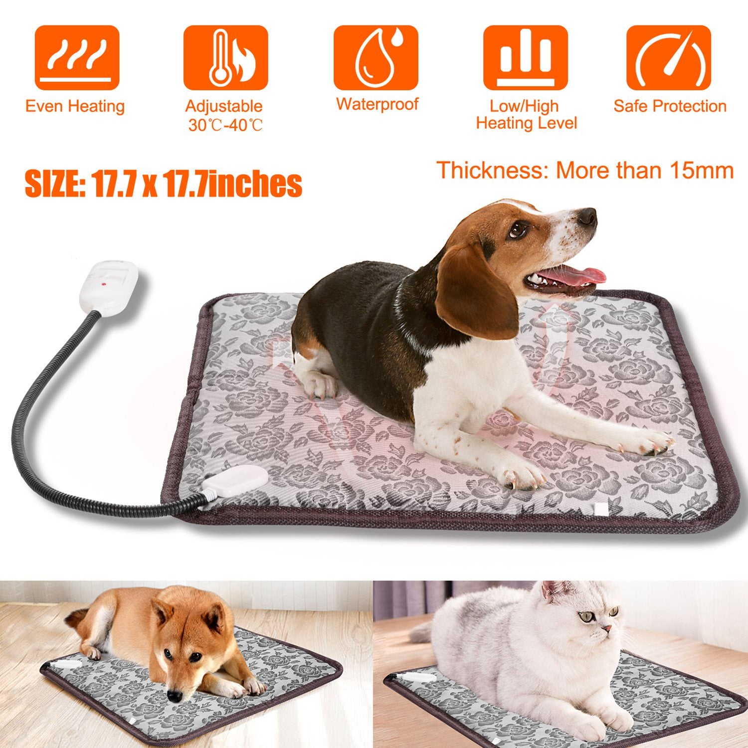 Pet Heating Pad Dog Cat Electric Heating Mat Waterproof Adjustable Warming Blanket with Chew Resistant Steel Cord Case 