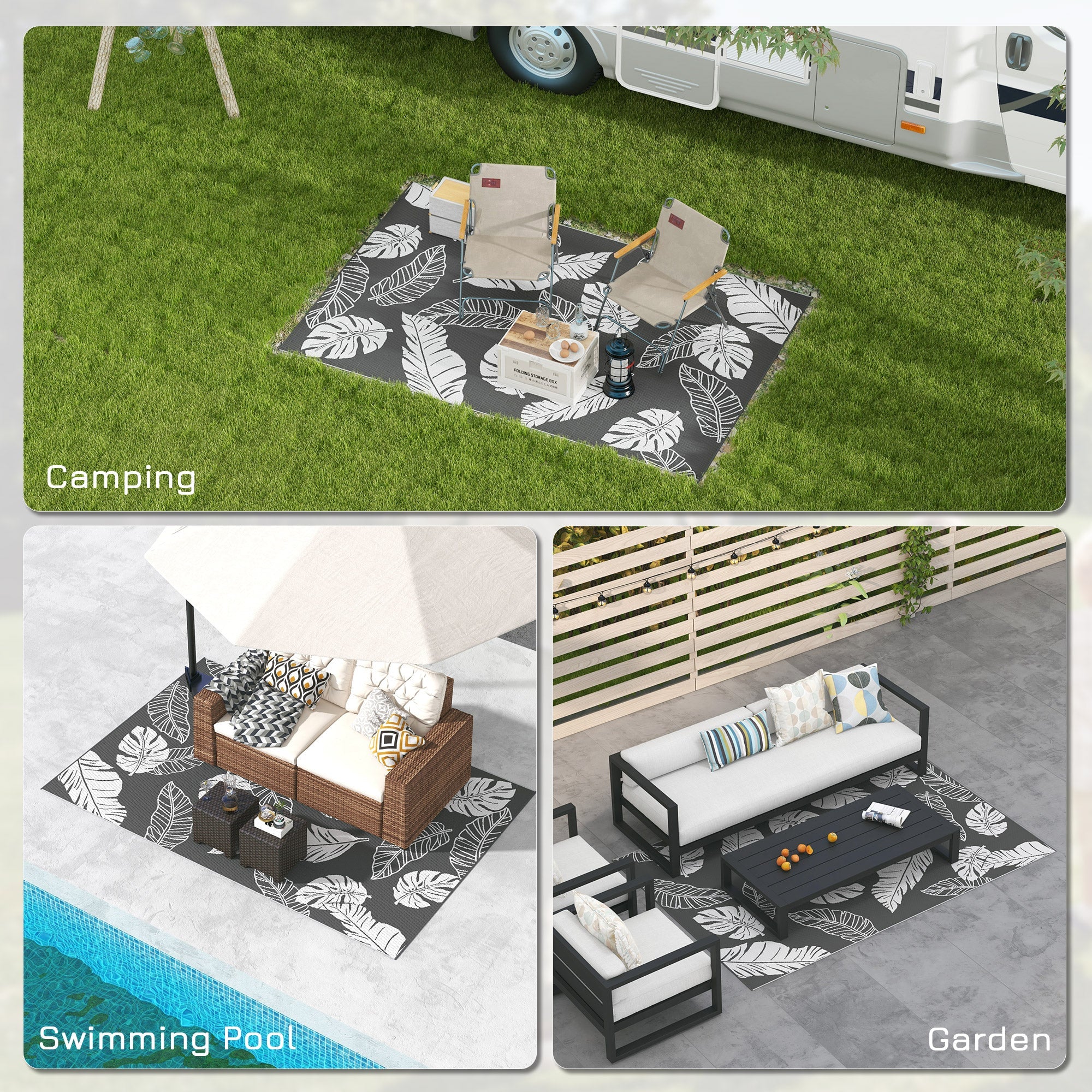Outsunny Reversible Outdoor RV Rug, Patio Floor Mat, 6' x 9' Plastic Rug for Backyard, Deck, Beach, Camping, Grey and White 